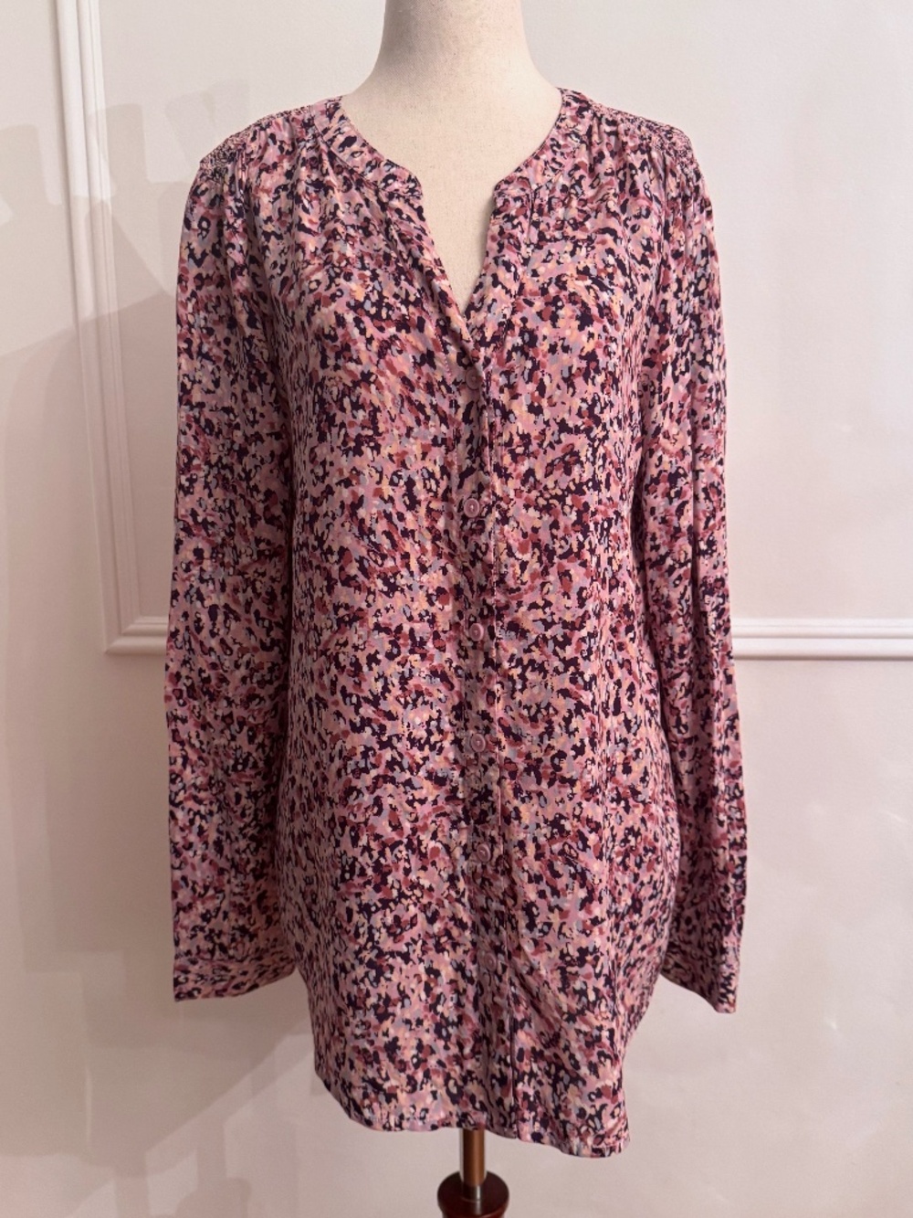 Beachlunchlounge Floral Print Shirred Waist Tunic Top Long Sleeve Sz M